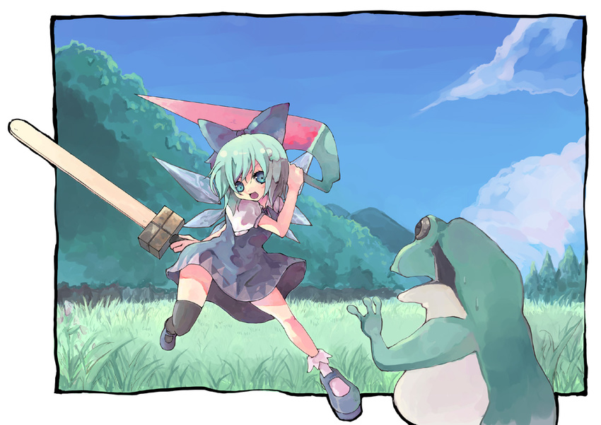 advent_cirno asymmetrical_clothes bad_id bad_pixiv_id blue_eyes blue_hair cirno frog milcoco ribbon short_hair single_thighhigh solo sword thighhighs touhou weapon wings