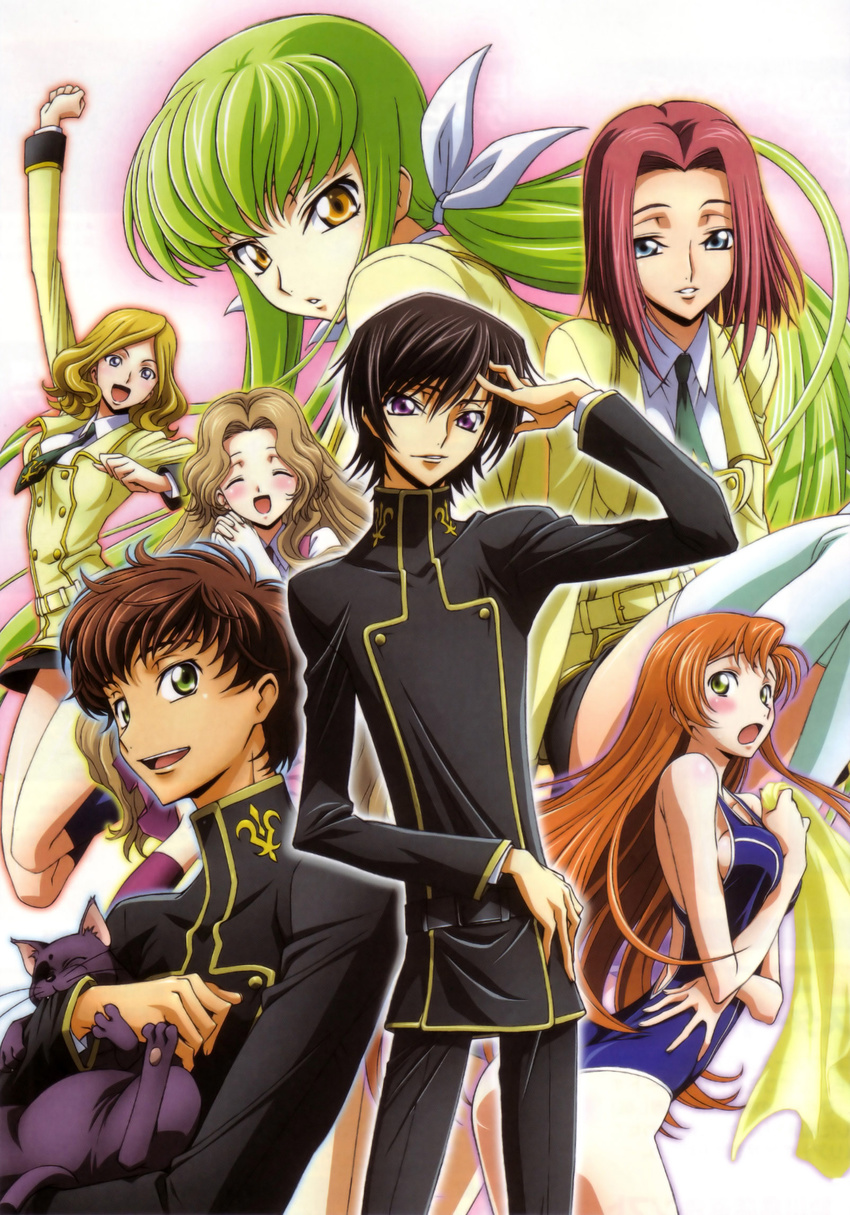 5girls arthur_(code_geass) ashford_academy_swimsuit ashford_academy_uniform blonde_hair blue_eyes blush brown_hair c.c. cat closed_eyes code_geass code_geass:_lost_colors green_eyes green_hair highres kallen_stadtfeld kimura_takahiro kururugi_suzaku lelouch_lamperouge long_hair milly_ashford multiple_boys multiple_girls nunnally_lamperouge official_art one-piece_swimsuit open_mouth purple_eyes red_hair scan school_uniform shirley_fenette swimsuit thighhighs towel yellow_eyes