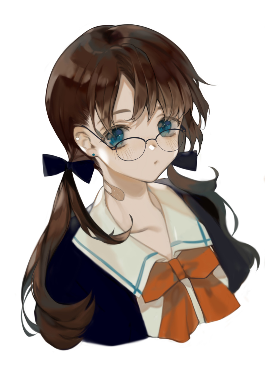 1girl absurdres bandaged_neck bangs black-framed_eyewear blue_bow blue_eyes blue_jacket blush bow bowtie brown_hair closed_mouth collarbone collared_shirt cropped_torso earrings glasses hair_bow highres jacket jewelry long_hair looking_at_viewer low_twintails minncn open_clothes open_jacket orange_neckwear original over-rim_eyewear school_uniform semi-rimless_eyewear shirt simple_background solo twintails white_background white_shirt