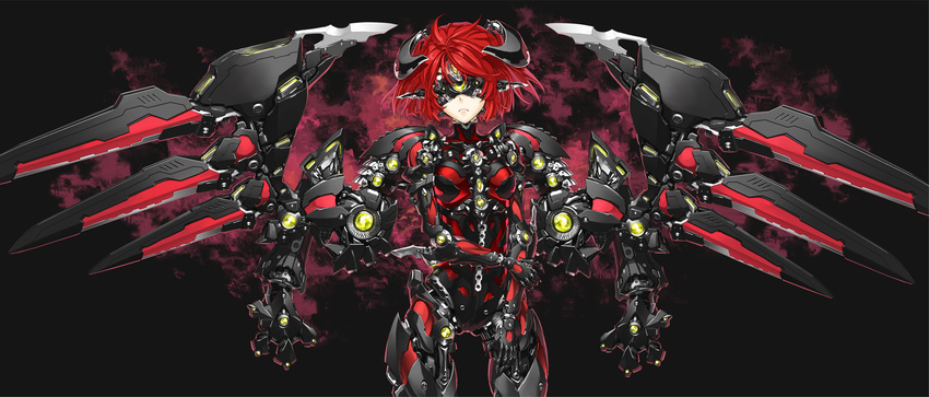 blindfold highres horns kurogin mecha_musume mechanical_wings original red_hair short_hair solo wings