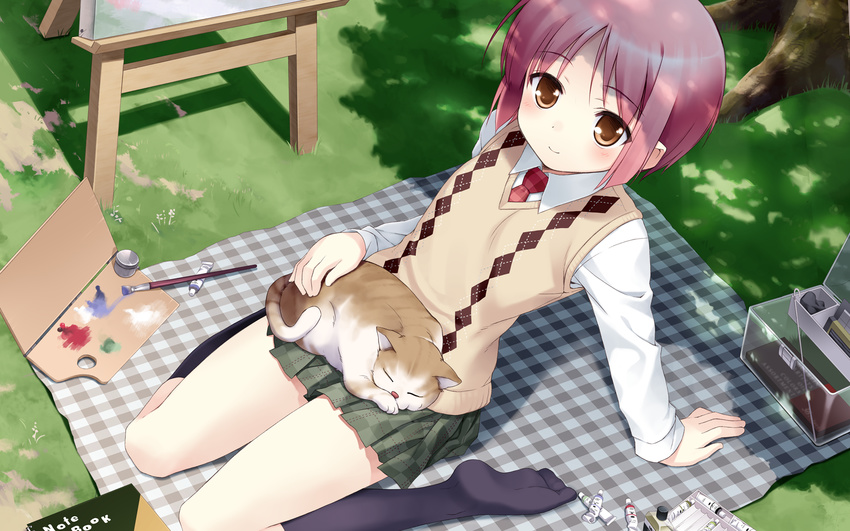 akino_momiji animal animal_on_lap argyle argyle_sweater_vest arm_support art_brush black_legwear brown_eyes canvas_(object) cat dappled_sunlight easel error feet highres ichikura_(bk) kneehighs looking_at_viewer necktie paint paintbrush palette pink_hair plaid sakura_musubi school_uniform shade shirt short_hair sitting smile solo sunlight sweater_vest wallpaper wariza white_shirt wrong_feet