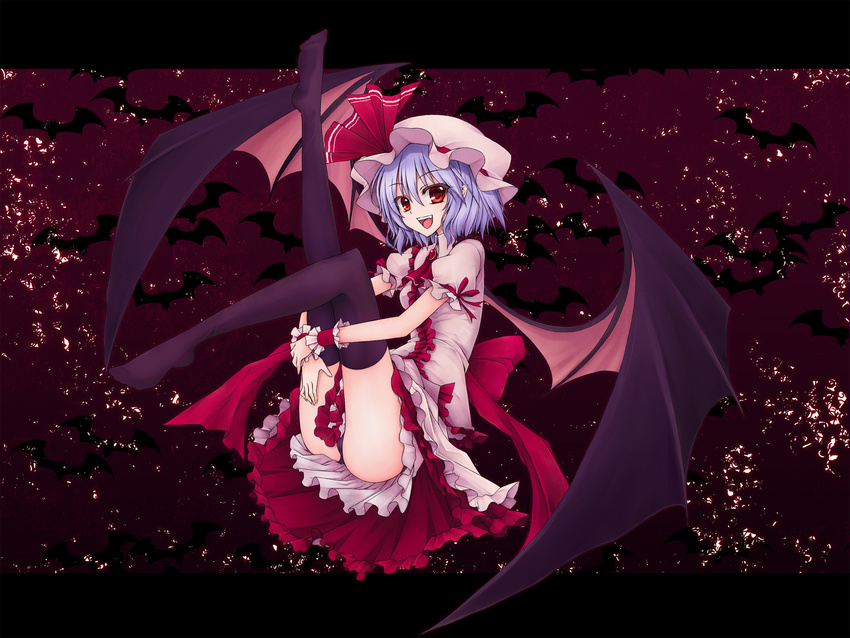 bat bat_wings black_legwear colored_eyelashes eyelashes fangs feet hat highres lavender_hair leg_hug legs legs_up looking_at_viewer open_mouth panties red_eyes remilia_scarlet short_hair sitting smile solo thighhighs toe-point touhou underwear utakata_(kochou_no_yume) wings