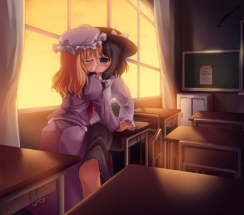 blonde_hair blue_eyes brown_eyes brown_hair chair closed_eyes desk hair_ribbon hat highres kiss long_hair lzh maribel_hearn multiple_girls necktie ribbon short_hair skirt touhou usami_renko yuri