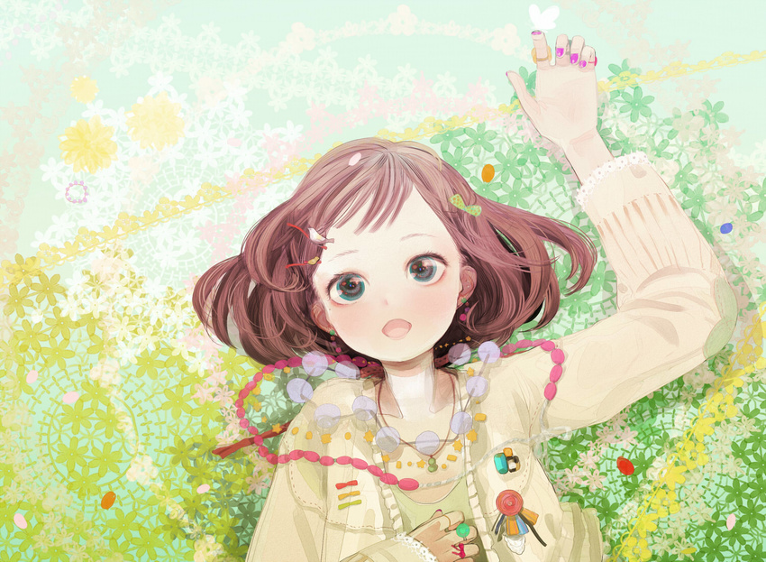 bad_id bad_pixiv_id bird blue_eyes bob_cut bow brown_hair bug butterfly butterfly_on_hand collarbone earrings felt flower hair_bow hair_ornament hairpin insect jacket jewelry lace lying nail_polish necklace on_back open_mouth original petals pins ring short_hair solo star