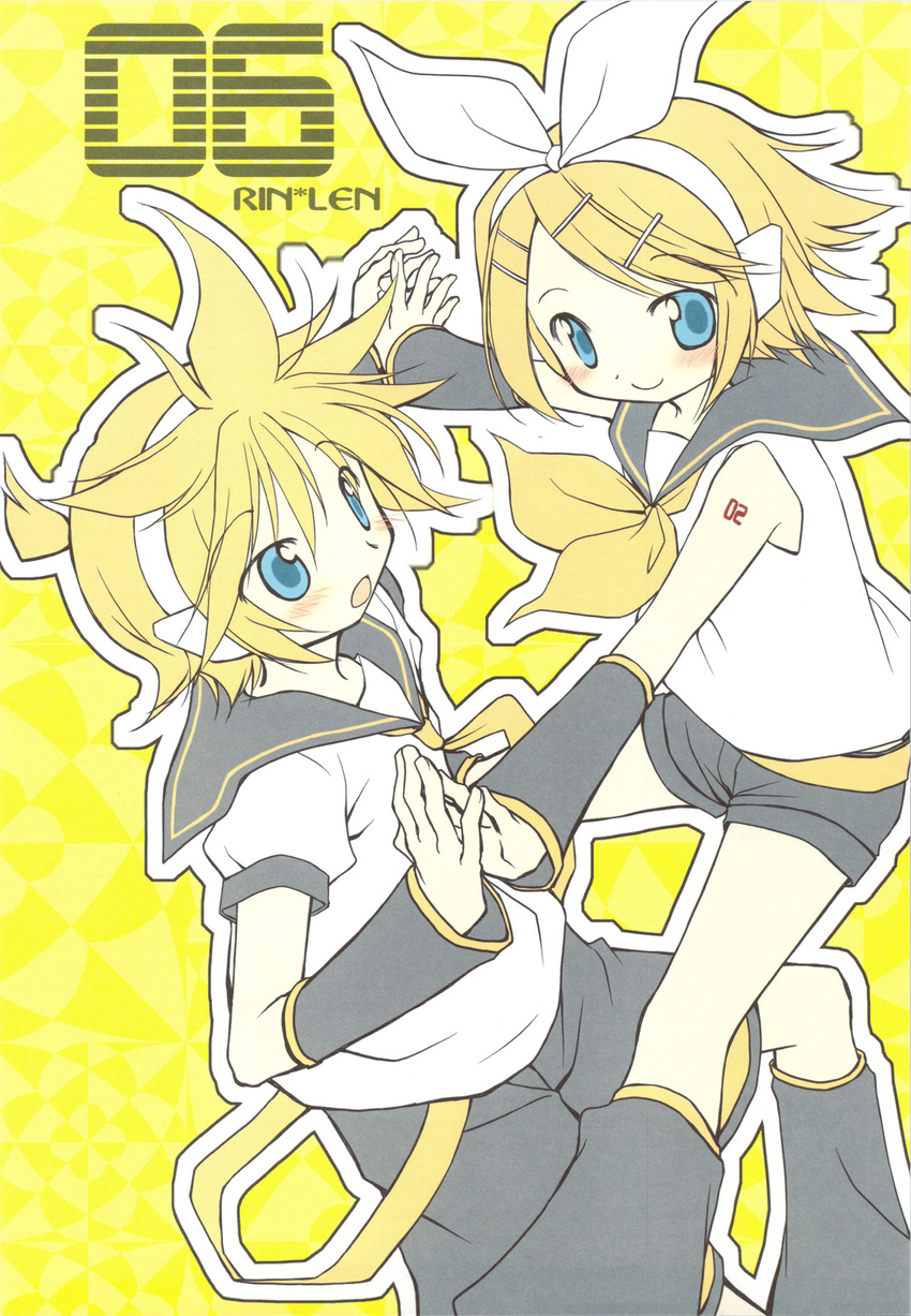 1girl aoki_ume ascot blonde_hair blue_eyes blush bow brother_and_sister hair_bow hair_ornament hairclip headphones highres holding_hands kagamine_len kagamine_rin kneehighs shorts siblings twins vocaloid