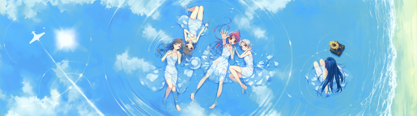 absurdres aircraft airplane barefoot blue_hair brown_hair closed_eyes cloud condensation_trail day dress from_above hanami_mariya hat hat_removed headwear_removed highres koga_sayoko long_hair long_image lying misaki_kurehito miyamae_tomoka multiple_girls nakano_hinata on_back on_side outstretched_arm outstretched_hand partially_submerged phonograph red_hair reflection ripples short_hair silver_hair suiheisen_made_nan_mile? sun_hat sundress tsuyazaki_kokage water white_dress wide_image