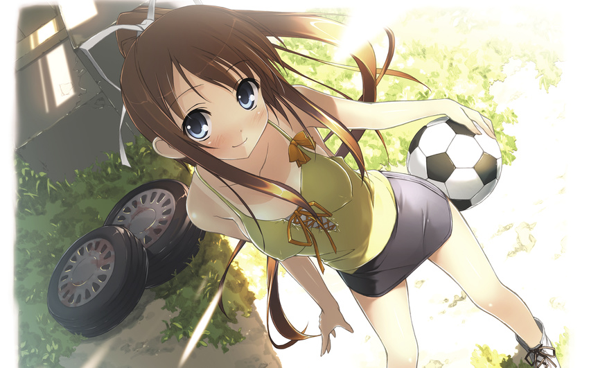 ball breasts covered_nipples dutch_angle highres kantoku medium_breasts miyazawa_midori natsu_no_ame ponytail ribbon shirt_tan soccer_ball solo tan tanline telstar wallpaper wheel