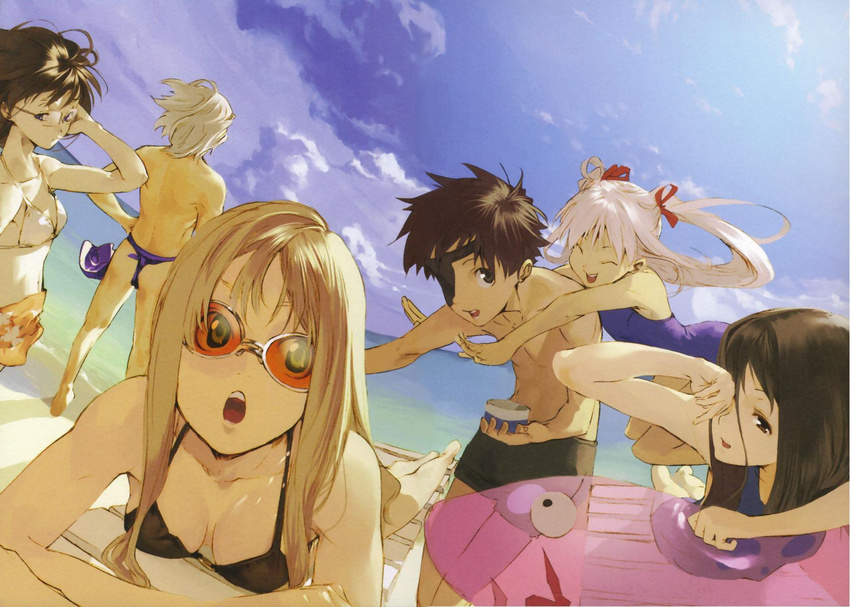 4girls adilisia_lenn_mathers beach bikini black_hair blonde_hair blue_eyes brown_eyes brown_hair day everyone glasses highres honami_takase_ambler iba_itsuki katsuragi_mikan kuroha_manami multiple_boys multiple_girls nekoyashiki_ren one-piece_swimsuit pako pink_hair rental_magica scan school_swimsuit sunglasses swimsuit twintails white_hair