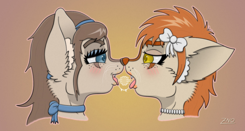 anthro badger blue_eyes blush bow brown_hair duo eyelashes fangs female female/female french_kissing hair headband hybrid inner_ear_fluff kissing lip_gloss makeup male mammal mustelid orange_hair ribbons saliva saliva_string stripes tongue whiskers yellow_eyes zoelnoone_(artist)