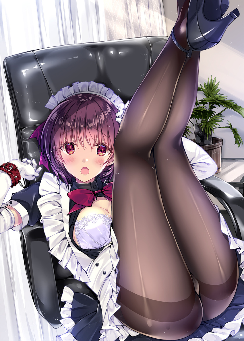 1girl :o apron ass bangs black_legwear black_shirt blush bound bound_wrists bra breasts brown_hair chair cleavage curtains day elbow_gloves eyebrows_visible_through_hair frilled_apron frills gloves hands_up highres indoors kobayashi_chisato legs legs_together legs_up looking_at_viewer lying maid maid_headdress medium_breasts office_chair on_back open_clothes open_mouth open_shirt original panties panties_under_pantyhose pantyhose plant potted_plant red_eyes shirt short_hair solo thighband_pantyhose thighs underwear white_bra white_gloves