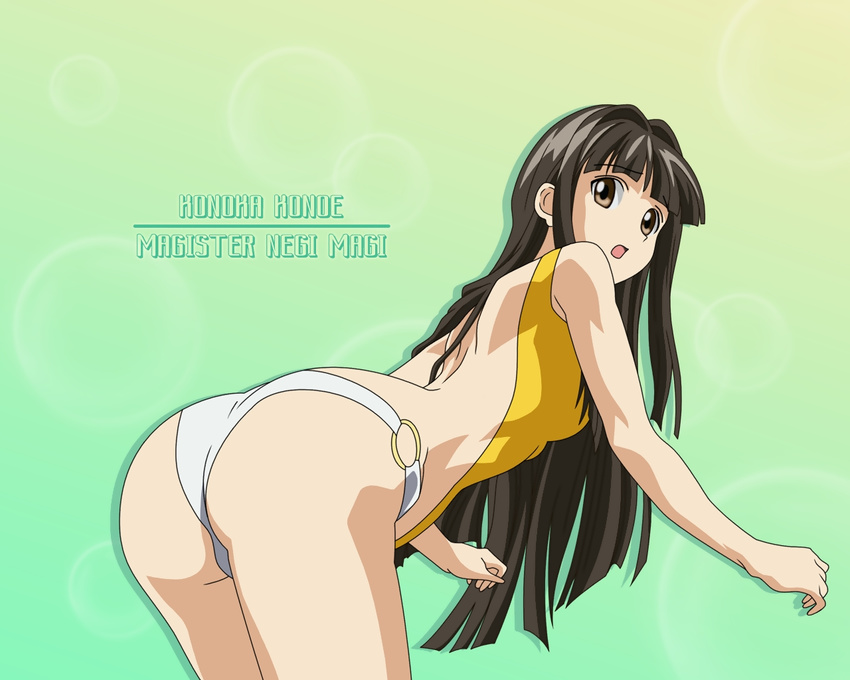 ass back bent_over black_hair brown_eyes casual_one-piece_swimsuit konoe_konoka long_hair looking_back mahou_sensei_negima! one-piece_swimsuit open_mouth shadow solo swimsuit wallpaper