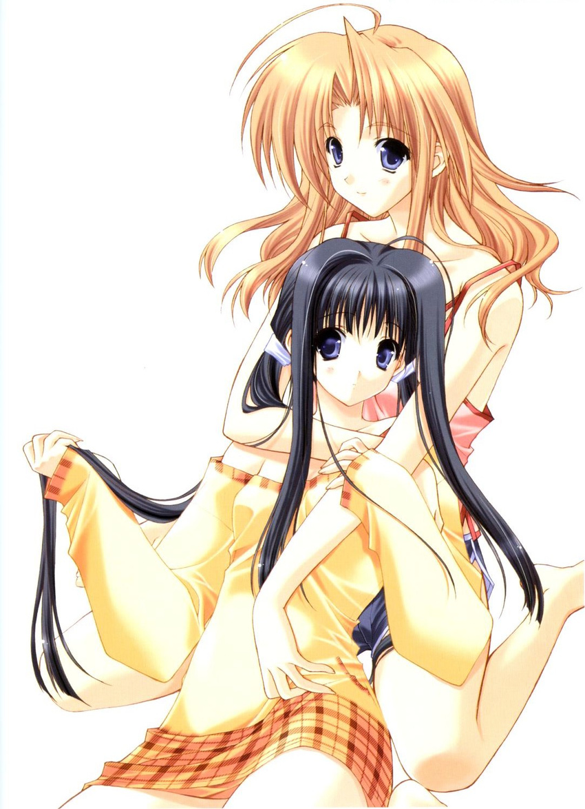 ahoge aikagi black_hair blonde_hair blue_eyes hazuki_ayane hazuki_chika highres long_hair multiple_girls suzuhira_hiro