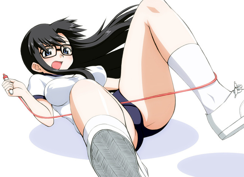 black_hair blue_eyes breasts buruma clumsy covered_nipples elf_k entangled glasses gym_uniform jump_rope large_breasts long_hair read_or_die resizing_artifacts solo yomiko_readman