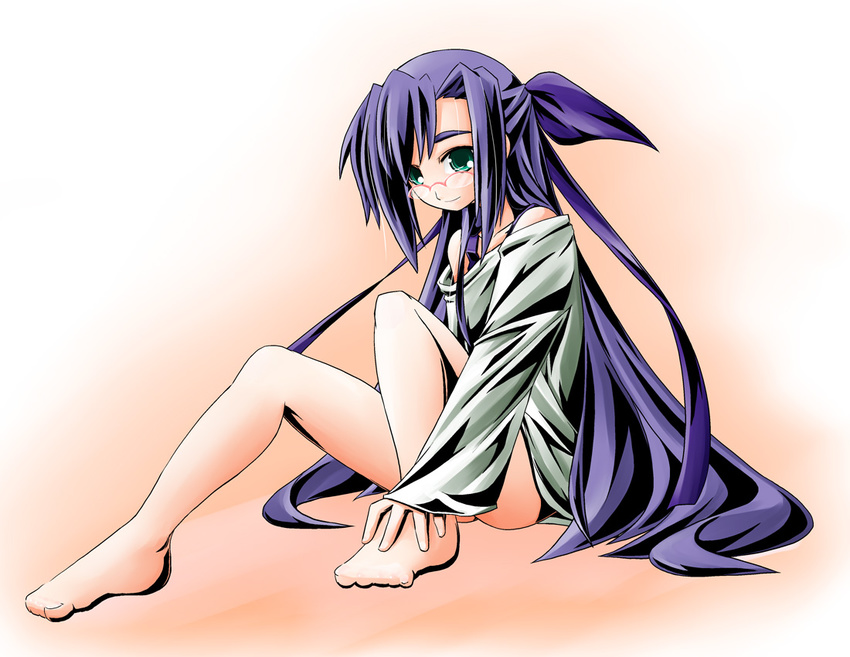 barefoot ginga_nakajima glasses green_eyes hair_ribbon long_hair lyrical_nanoha mahou_shoujo_lyrical_nanoha_strikers purple_hair ribbon solo undressing yuuka_(o.t.kingdom)