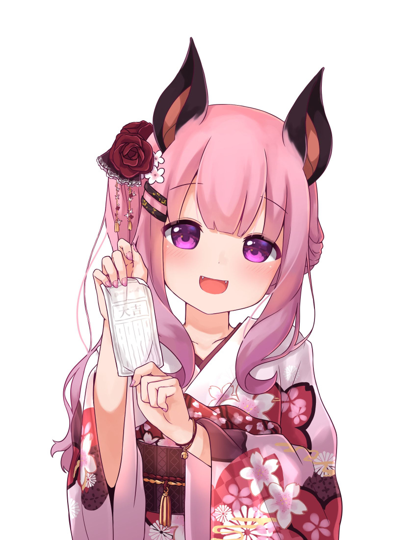 1girl :d animal_ears animare bangs bell blush bracelet collarbone eyebrows_visible_through_hair fangs floral_print flower hair_flower hair_ornament hairclip hands_up highres holding japanese_clothes jewelry jingle_bell kikumon kimono long_hair long_sleeves looking_at_viewer maka_neko nail_polish obi open_mouth pink_hair pink_nails print_kimono purple_eyes red_flower sash sidelocks simple_background smile solo tareme tassel umori_hinako upper_body virtual_youtuber white_background white_flower white_kimono wide_sleeves