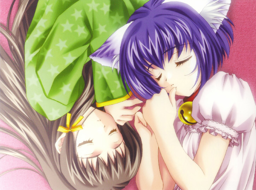 animal_ears bell bell_collar brown_hair carnelian cat_ears collar long_hair multiple_girls purple_hair scan short_hair sleeping white_angel