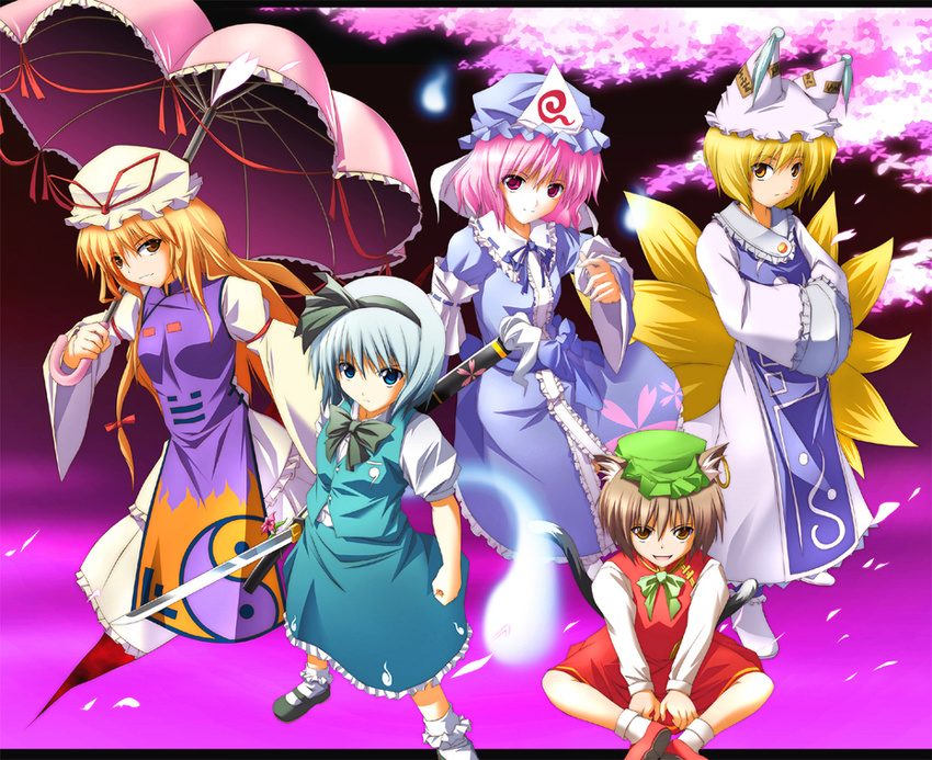 animal_ears blonde_hair blue_eyes brown_eyes brown_hair cat_ears cat_tail chen cherry_blossoms earrings fox_tail gap ghost hairband hands_in_opposite_sleeves hat jewelry katana konpaku_youmu konpaku_youmu_(ghost) long_hair long_sleeves multiple_girls multiple_tails parasol pillow_hat pink_hair purple_eyes ribbon saigyouji_yuyuko shoes short_hair silver_hair socks sword tail tassel touhou umbrella weapon wide_sleeves yakumo_ran yakumo_yukari yellow_eyes zb