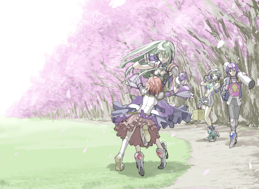 arado_balanga blue_eyes breasts cherry_blossoms cleavage dress gloves green_eyes green_hair hug latooni_subota long_hair medium_breasts multiple_girls nakabayashi_reimei ouka_nagisa pink_hair purple_hair ribbon seolla_schweizer short_hair skirt super_robot_wars super_robot_wars_original_generation