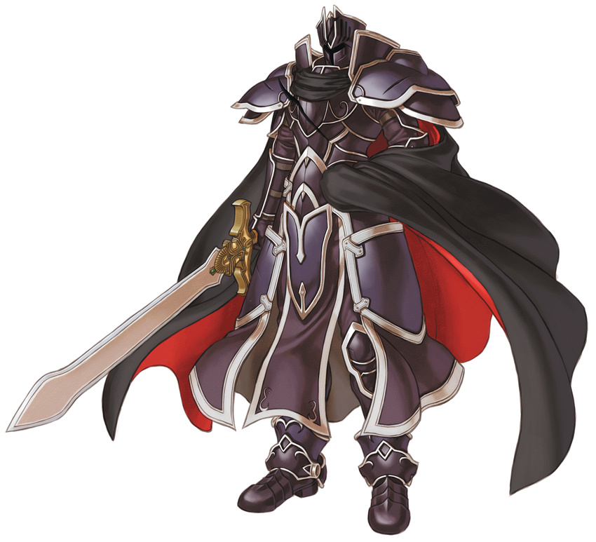 armor armored_boots black_armor black_knight boots cape damaged fire_emblem fire_emblem:_akatsuki_no_megami fire_emblem:_souen_no_kiseki full_armor full_body helmet highres kita_senri knight male_focus official_art pauldrons simple_background solo standing sword weapon white_background