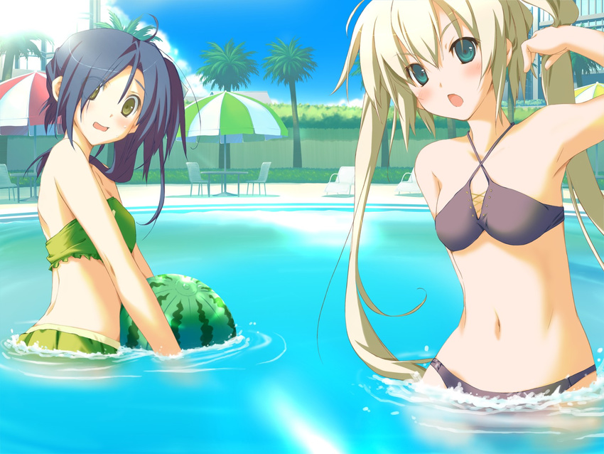 :o adjusting_hair annoyed ball bandeau beachball bikini black_bikini blonde_hair blue_hair blush chain chair criss-cross_halter day food fruit green_bikini green_eyes halter_top halterneck happy_margaret! highres holding holding_food holding_fruit kokonoka light_rays long_hair lounge_chair multiple_girls navel nishinomiya_shizuru open_mouth outdoors palm_tree parasol partially_submerged pool rindou_saki side_ponytail sunbeam sunlight surprised swimsuit table tree twintails umbrella v-shaped_eyebrows wading water watermelon_beachball yellow_eyes