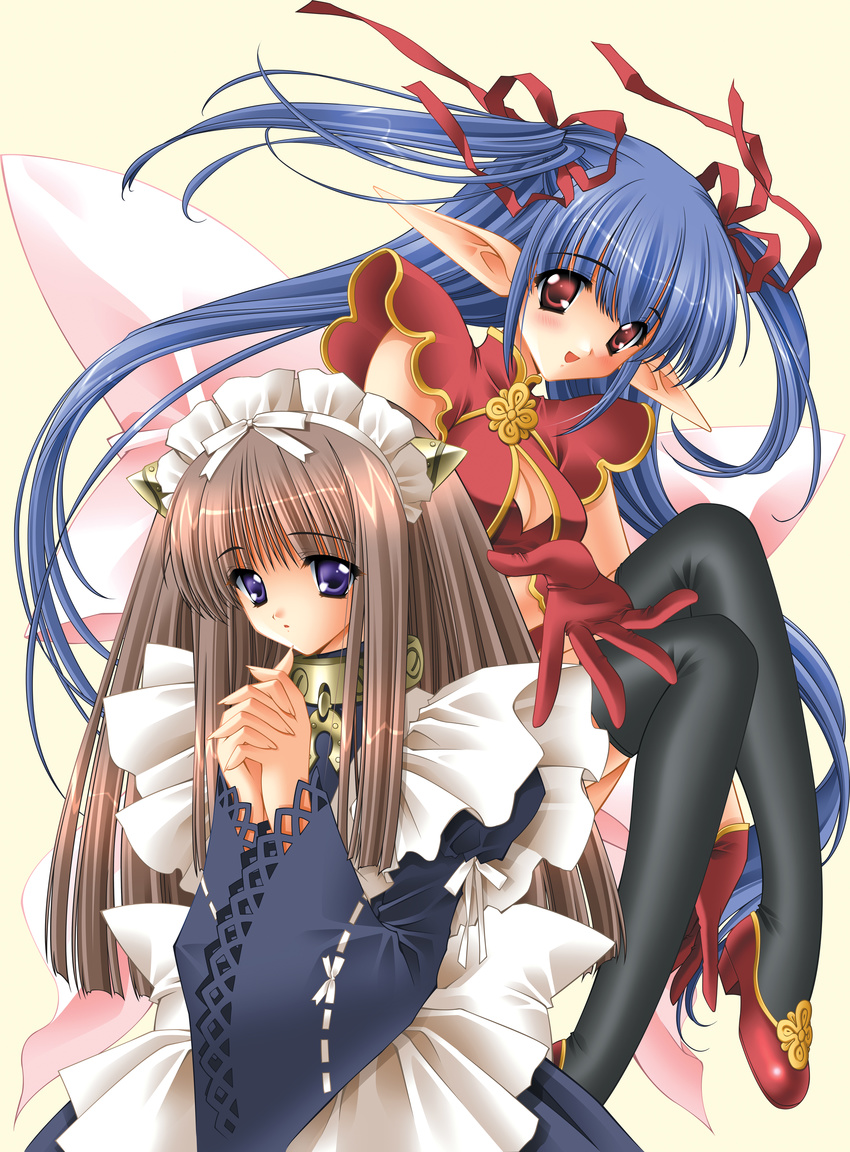 :d :o absurdres apron bangs black_legwear blue_hair blush bow breasts brown_hair carnelian china_dress chinese_clothes cleavage cleavage_cutout collar dress fairy_factory foreshortening gloves hair_ribbon hands_clasped high_heels highres lace long_hair looking_at_viewer maid maid_headdress medium_breasts multiple_girls open_mouth outstretched_hand own_hands_together pointy_ears purple_eyes quad_tails ribbon scan seika_(fairy_factory) shiny shiny_hair shoes short_twintails sidelocks simple_background sitting smile standing thighhighs touka_(fairy_factory) turtleneck twintails very_long_hair wide_sleeves