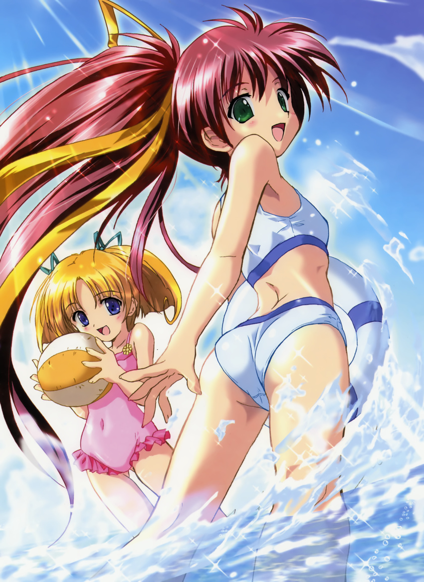 :d absurdres aoi_umi_no_tristia ass back ball bangs beachball bikini blonde_hair blue_eyes blush casual_one-piece_swimsuit child cloud day fingernails flat_chest flower from_behind green_eyes hair_ribbon highres innertube kneepits komatsu_eiji light_rays long_fingernails looking_back multiple_girls nanoca_flanka navel nene_hampdon official_art one-piece_swimsuit open_mouth outdoors outstretched_arm parted_bangs ponytail red_hair ribbon scan short_twintails sky smile sparkle splashing sports_bikini standing sunbeam sunflower sunlight swimsuit twintails wading water wet