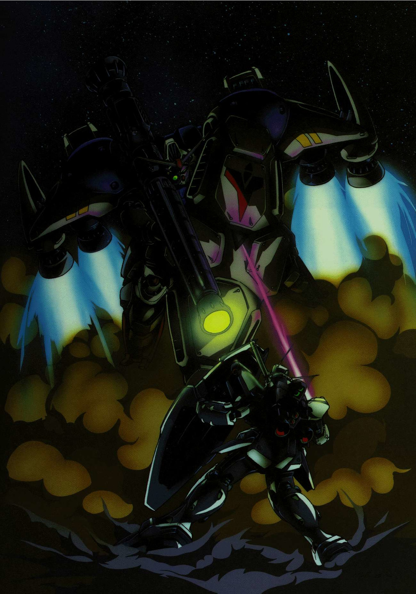 bazooka dust energy_sword gundam gundam_0083 gundam_gp-01_zephyranthes gundam_gp-02_physalis highres mecha no_humans shield space sword weapon