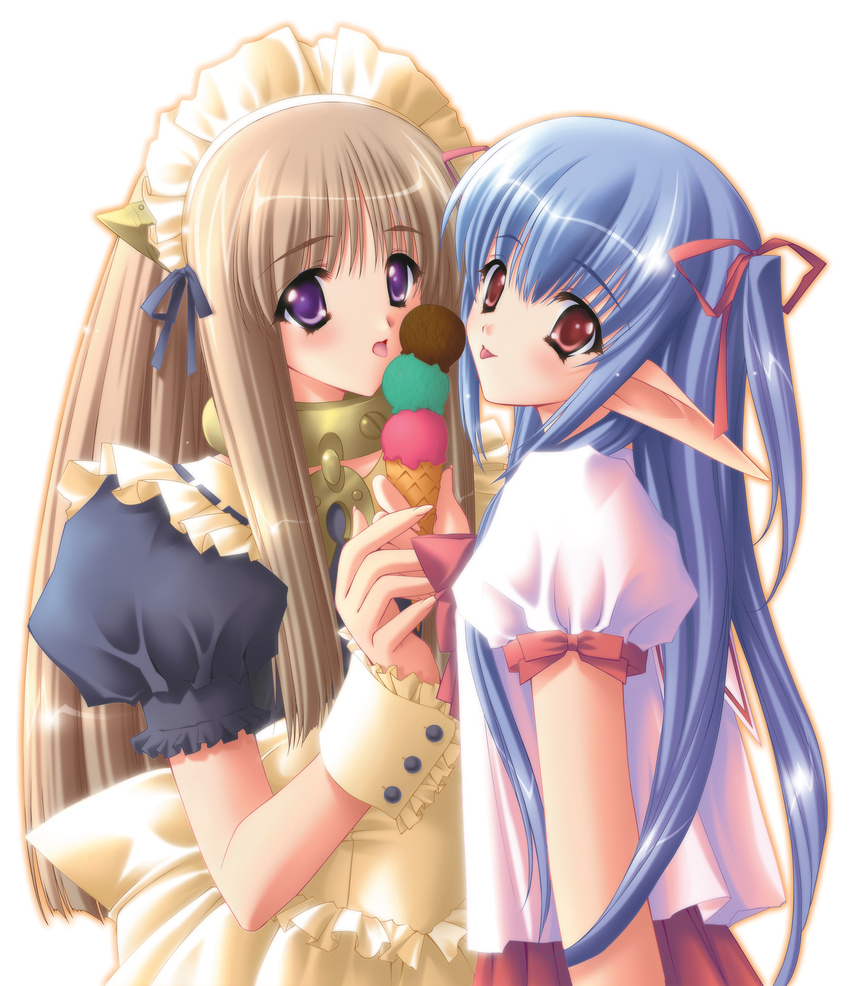 :p absurdres apron bangs blue_hair blush bow bowtie brown_hair buttons carnelian collar eating fairy_factory fingernails flat_chest food frills hair_ribbon head_tilt highres holding ice_cream long_fingernails long_hair looking_at_viewer looking_back maid maid_headdress multiple_girls open_mouth pink_eyes pleated_skirt pointy_ears profile purple_eyes ribbon scan school_uniform seika_(fairy_factory) shiny shiny_hair sidelocks simple_background skirt tongue tongue_out touka_(fairy_factory) twintails upper_body very_long_hair wrist_cuffs