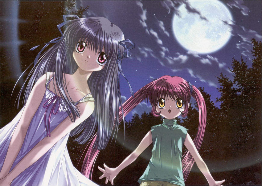:o air artist_request bare_shoulders black_hair brown_eyes collarbone dress full_moon green_dress highres looking_at_viewer michiru_(air) moon moonlight multiple_girls night night_sky open_mouth outstretched_arms sky sundress toono_minagi white_dress