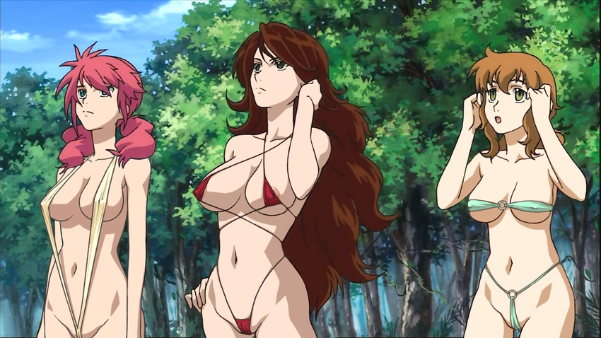 bikini blue_eyes breasts brown_hair christina_sierra covered_nipples day feldt_grace green_eyes gundam gundam_00 large_breasts long_hair multiple_girls navel nipple_slip nipples nude_filter open_mouth outdoors pink_hair slingshot_swimsuit sumeragi_lee_noriega swimsuit third-party_edit tree twintails underboob