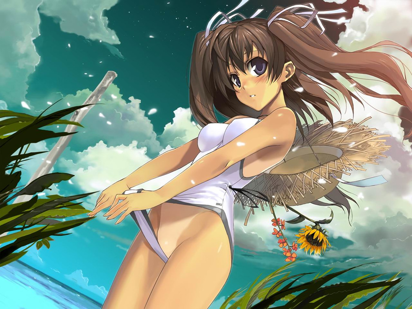 beach black_eyes brown_hair bush casual_one-piece_swimsuit cloud day duplicate dutch_angle flower hair_ribbon hat lifted_by_self long_hair morii_shizuki ocean one-piece_swimsuit one-piece_tan original outdoors petals ribbon sky solo straw_hat sunflower swimsuit swimsuit_lift tan tanline thighs twintails wallpaper wind