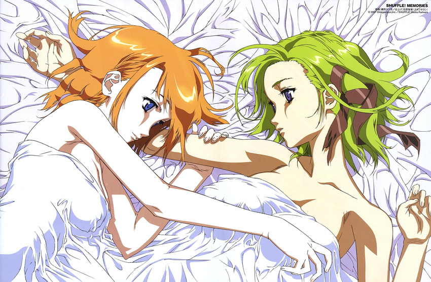 arm_grab armpits bangs bed_sheet blue_eyes breasts cleavage comp_h's couple from_above fuyou_kaede green_hair hair_ribbon highres hosoda_naoto indoors large_breasts lying multiple_girls naked_sheet nude official_art on_back on_side open_mouth orange_hair outstretched_arm profile ribbon scan shigure_asa short_hair shuffle! shuffle!_memories smile tress_ribbon untied upper_body wallpaper yuri