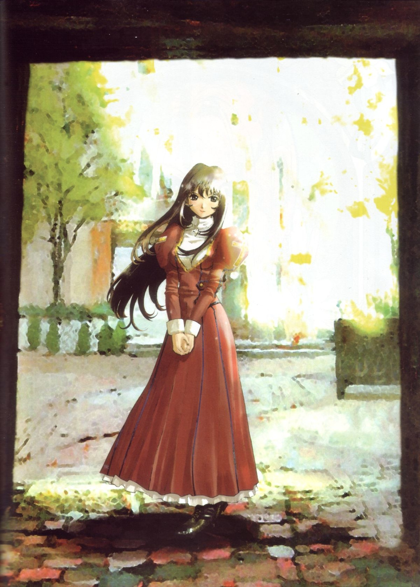 bangs black_footwear blurry boots brown_eyes brown_hair closed_mouth cross cross-laced_footwear day doorway dress erica_fontaine falling_leaves full_body highres leaf long_hair looking_at_viewer outdoors own_hands_together pavement planter red_dress rikudou_koushi sakura_taisen sakura_taisen_iii scan shadow smile solo standing tree turtleneck v_arms very_long_hair