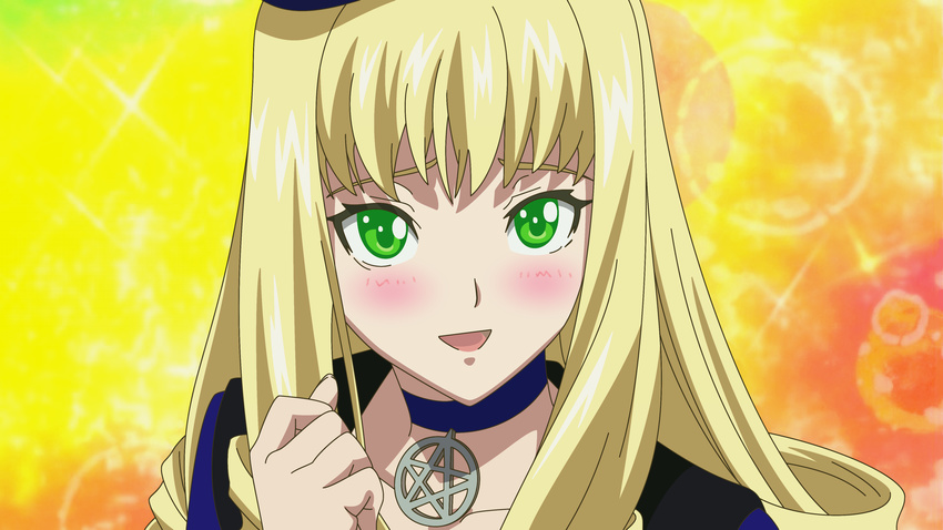 :d adilisia_lenn_mathers bangs blonde_hair choker collarbone green_eyes highres long_hair looking_at_viewer open_mouth rental_magica shaded_face smile solo upper_body vector_trace