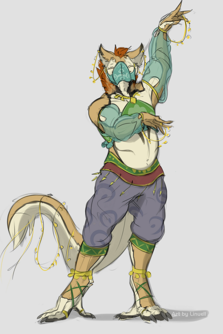 2019 anthro clothed clothing dancing digital_media_(artwork) fur gerudo_outfit hair hi_res linuell linuell_s'eleross male sergal simple_background slightly_chubby smile solo southern