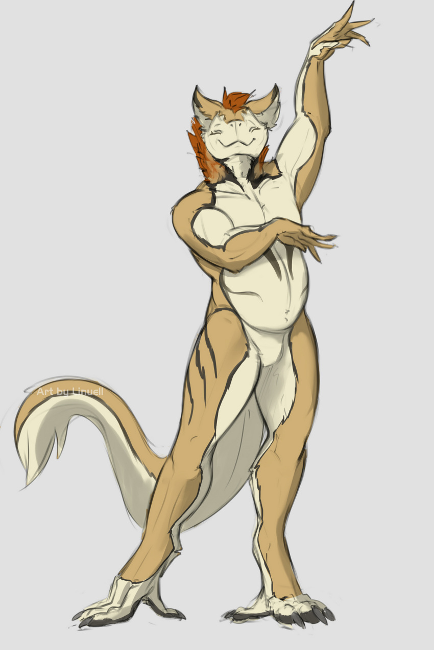 2019 anthro dancing digital_media_(artwork) fur hair linuell linuell_s'eleross male nude sergal simple_background slightly_chubby smile solo southern