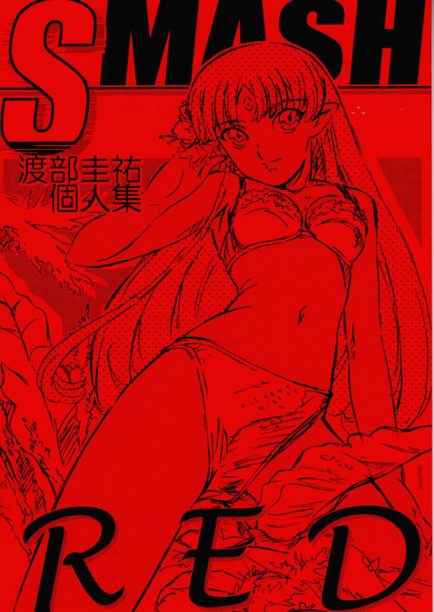 adjusting_hair armpits bikini breasts cover cover_page flower forehead_jewel hair_flower hair_ornament hibiscus highres jpeg_artifacts lafiel leaf long_hair monochrome navel official_art outdoors palm_tree pointy_ears scan seikai_no_senki sketch small_breasts smile solo swimsuit tree very_long_hair watabe_keisuke