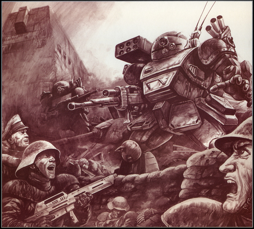 battle chin_strap fortress grenade_launcher gun hat helmet highres male_focus mecha military military_uniform missile_pod monochrome multiple_boys open_mouth radio_antenna realistic rifle science_fiction scopedog sepia soldier soukou_kihei_votoms uniform weapon