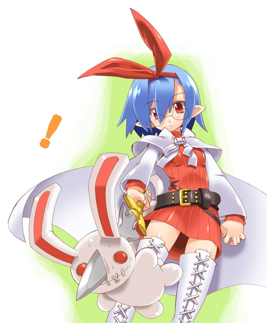 1girl aty_(summon_night) aty_(summon_night)_(cosplay) blue_hair boots bunny cape cosplay dress glasses hair_ribbon highres nippon_ichi original pleinair pointy_ears red_eyes ribbon shinozuka_atsuto short_hair standing stuffed_animal stuffed_bunny stuffed_toy summon_night summon_night_3 sword thigh_boots thighhighs usagi-san weapon white_footwear