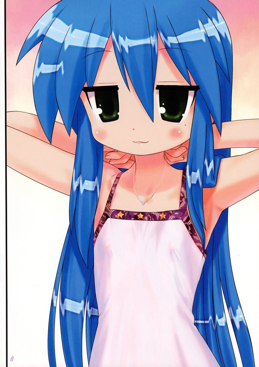 blue_hair camisole covered_nipples flat_chest green_eyes hechi highres izumi_konata jewelry long_hair lucky_star mole mole_under_eye necklace solo stretch upper_body very_long_hair