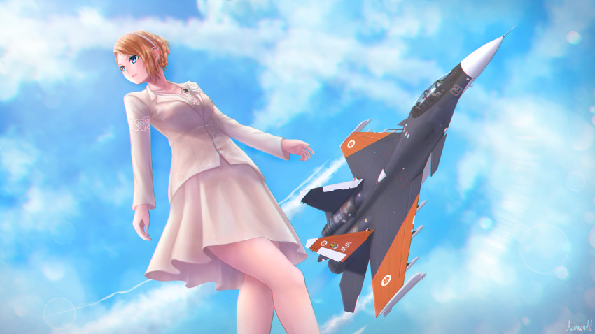 1girl ace_combat_7 aircraft airplane artist_request blonde_hair blue_eyes blue_sky braid canards cloud condensation_trail french_braid from_below highres kmrd-fanddi legs military princess rosa_cossette_d'elise skirt sky solo solo_focus su-30 white_skirt