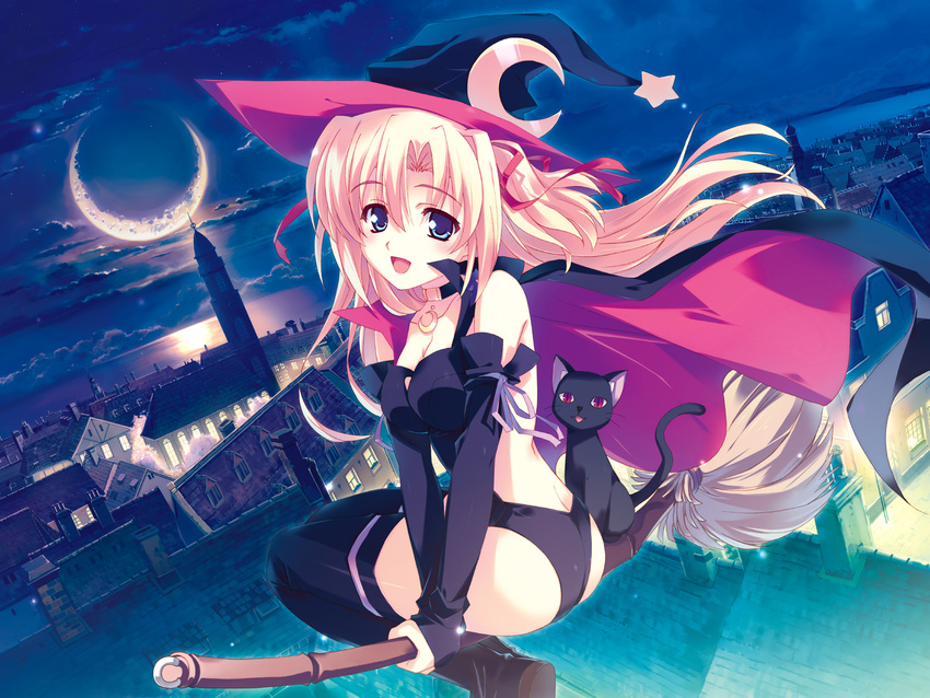 broom broom_riding cape cat hat highres kusukusu marie_rudel moon night night_sky sakura_strasse sidesaddle sky smile solo thighhighs wallpaper witch