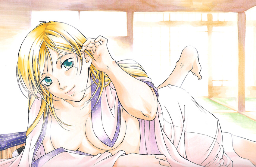 akimine_kamijyo bed bed_sheet blanket blonde_hair breasts cleavage collarbone green_eyes indoors large_breasts looking_at_viewer lying on_bed on_stomach samurai_deeper_kyo shiina_yuya smile solo under_covers waking_up