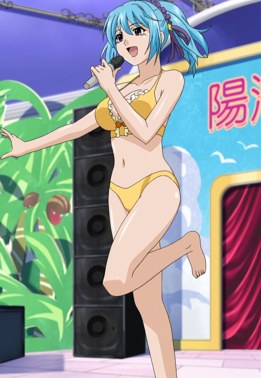 barefoot bikini blue_hair breasts cleavage coconut demon_girl fangs hairband highres kurono_kurumu large_breasts microphone palm_tree purple_eyes rosario+vampire screencap short_hair solo stage stitched succubus swimsuit third-party_edit tree