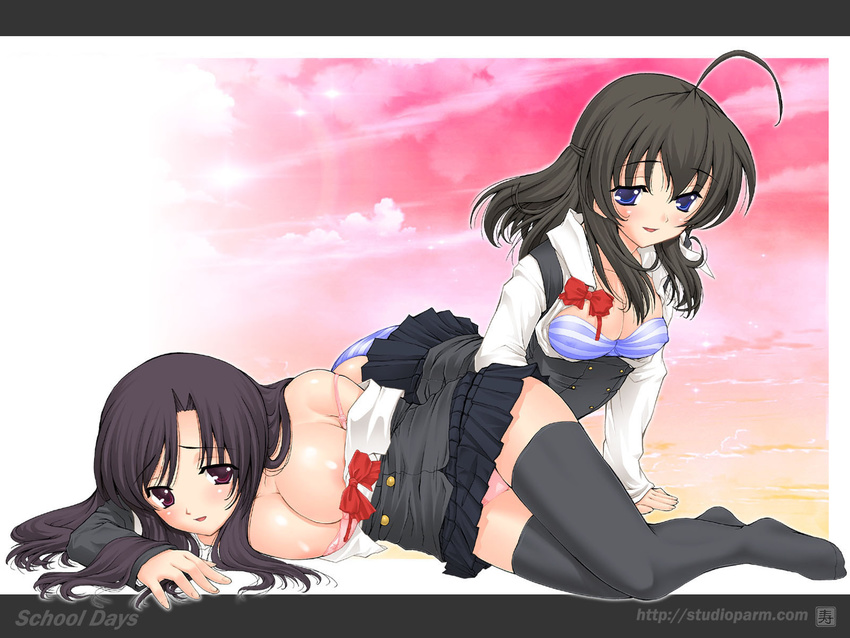 blue_eyes bow bra breasts cleavage highres katsura_kotonoha kotobuki_utage lingerie long_hair medium_breasts multiple_girls panties red_bow saionji_sekai school_days school_uniform striped striped_panties thighhighs underwear undressing wallpaper