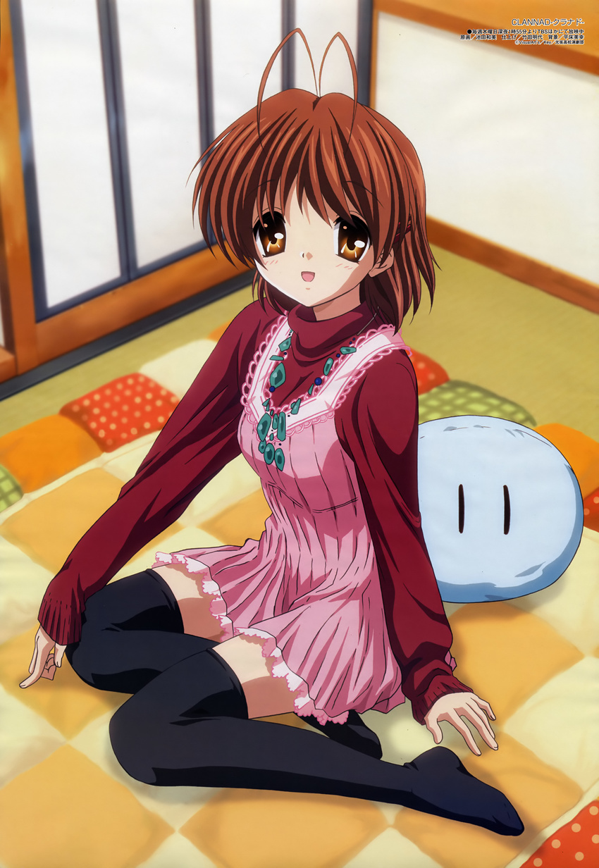 absurdres antenna_hair clannad dango_daikazoku dress furukawa_nagisa highres ikeda_kazumi jewelry megami official_art solo thighhighs turtleneck zettai_ryouiki