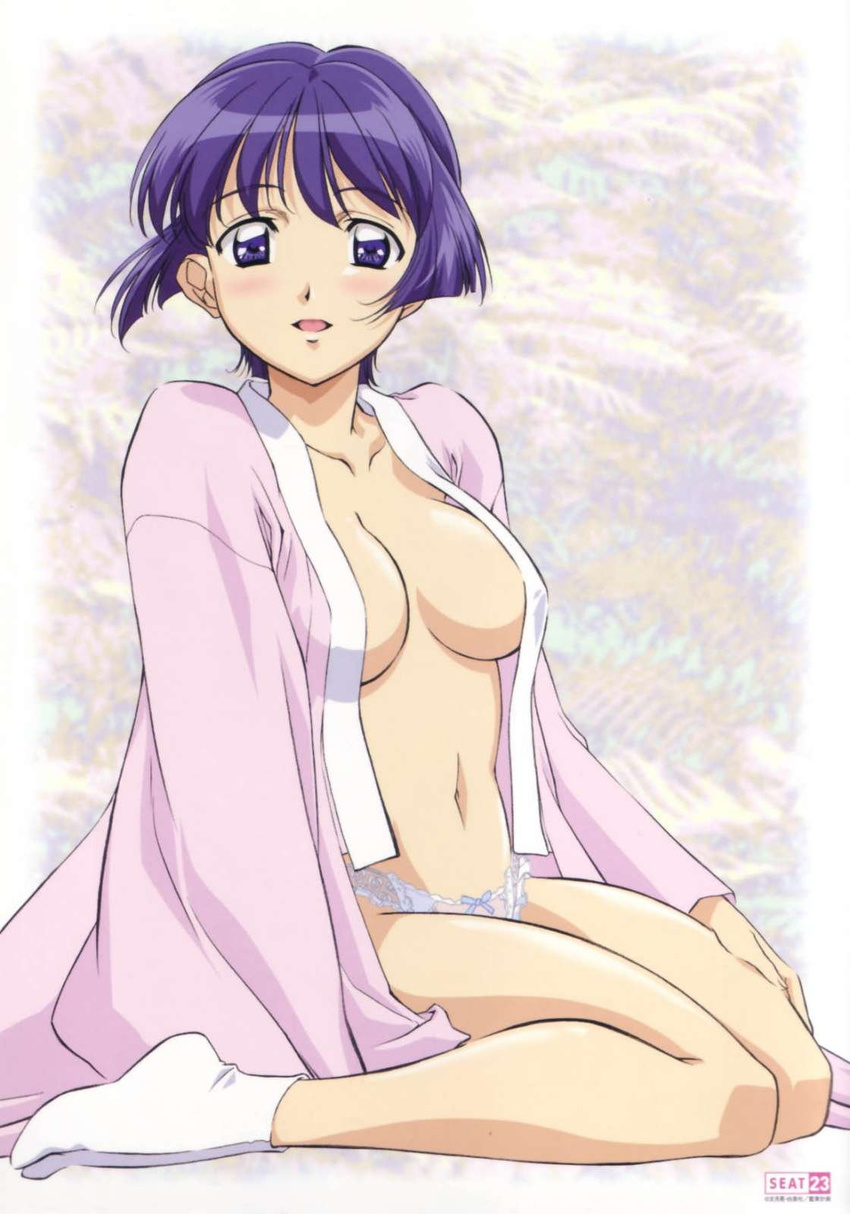 :d ai_yori_aoshi bangs bare_legs blue_eyes blue_hair blue_panties blurry blush bow bow_panties breasts breasts_apart depth_of_field frame hand_on_thigh highres japanese_clothes kawashima_keiko lace lace-trimmed_panties large_breasts legs long_sleeves looking_at_viewer looking_back midriff navel no_bra official_art open_clothes open_mouth open_robe panties profile robe sakuraba_aoi scan short_hair sitting smile solo tabi underwear wariza wide_sleeves