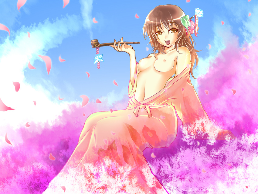 aquasnow bad_id bad_pixiv_id breasts hair_ornament holding holding_pipe japanese_clothes kimono kiseru medium_breasts nipples off_shoulder open_clothes open_mouth open_robe original petals pipe robe sitting small_nipples smile solo topless yuujo