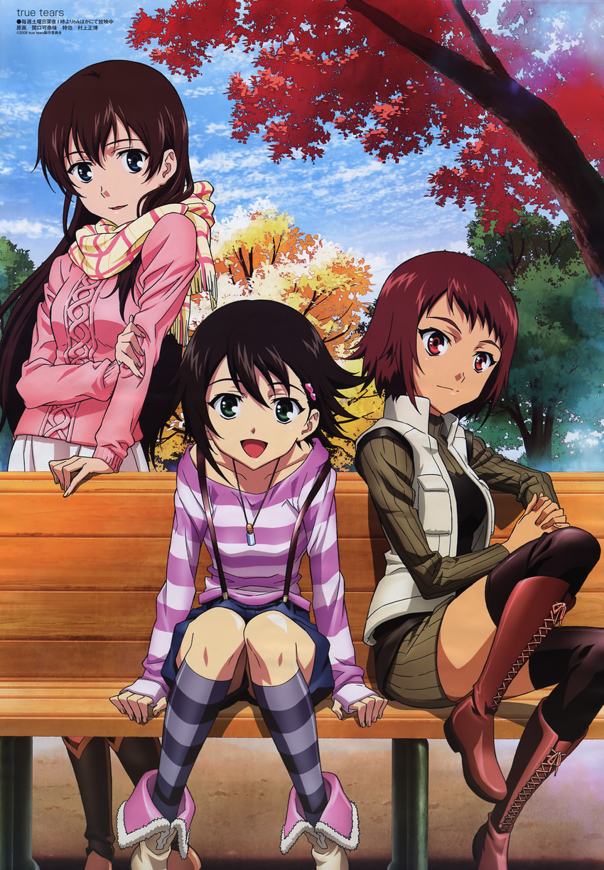 absurdres andou_aiko boots highres isurugi_noe knee_boots kneehighs megami multiple_girls official_art plaid plaid_scarf scarf sekiguchi_kanami shirt socks striped striped_legwear striped_shirt suspenders sweater thighhighs true_tears turtleneck vest yuasa_hiromi