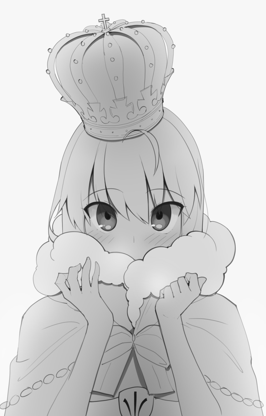 1girl absurdres ahoge artoria_pendragon_(all) blush boa_(brianoa) bow bowtie cape covering_mouth crown embarrassed eyebrows_visible_through_hair fate/stay_night fate_(series) fur_trim grey_background greyscale hands_up highres looking_at_viewer monochrome saber simple_background solo upper_body